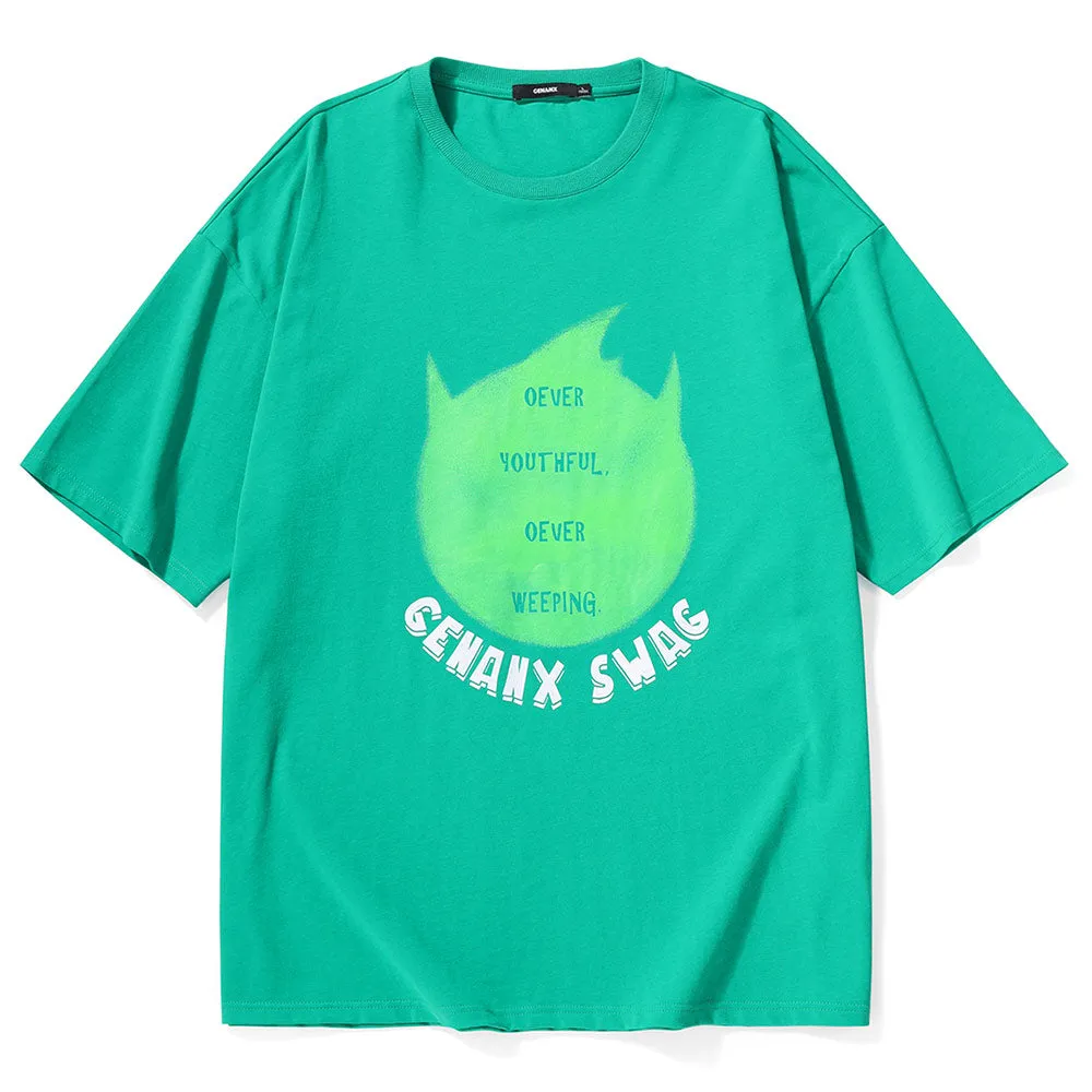 Simple Print Drop-Shoulder Sleeve Cotton T-Shirt