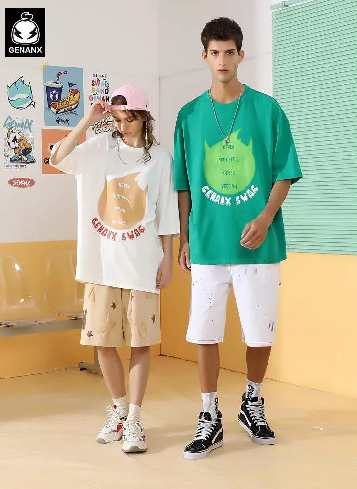 Simple Print Drop-Shoulder Sleeve Cotton T-Shirt