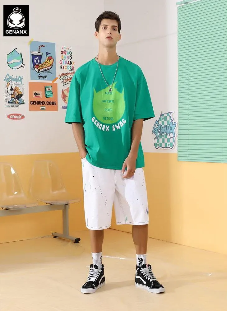 Simple Print Drop-Shoulder Sleeve Cotton T-Shirt