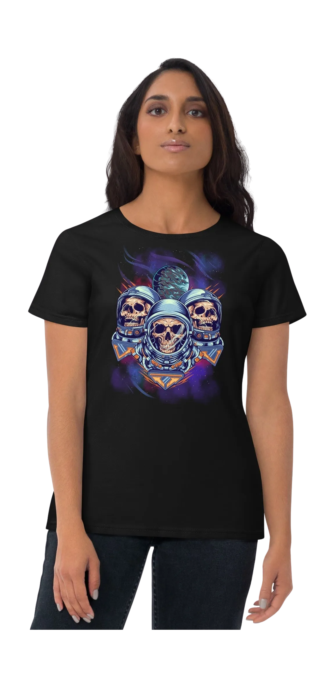Three Alien Skull Art in Space in Women's short sleeve t-shirt