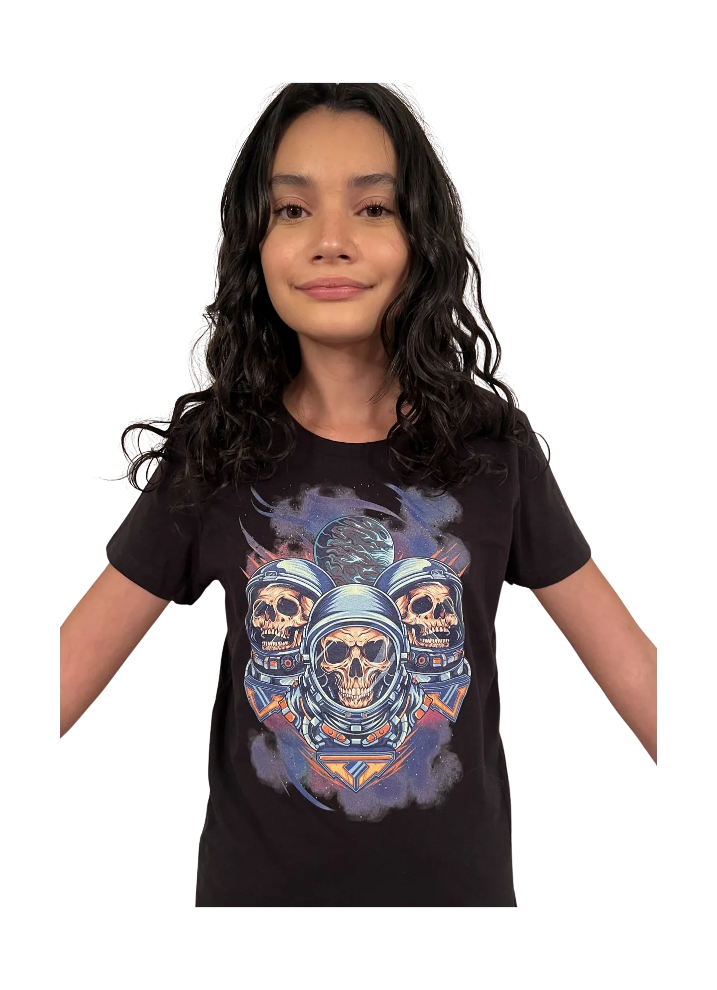 Three Alien Skull Art in Space in Women's short sleeve t-shirt