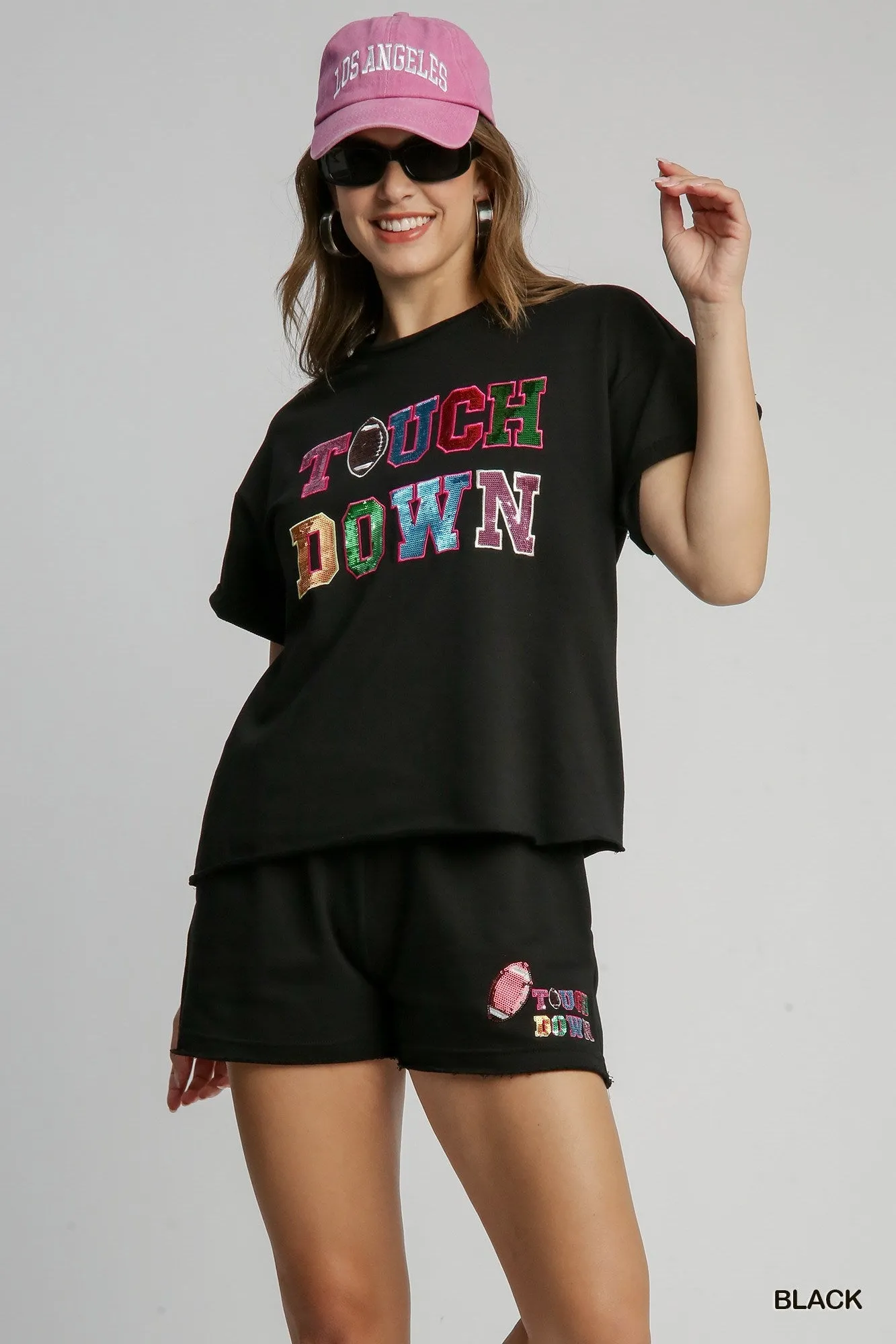 Umgee Black French Terry Sequin Touch Down Top