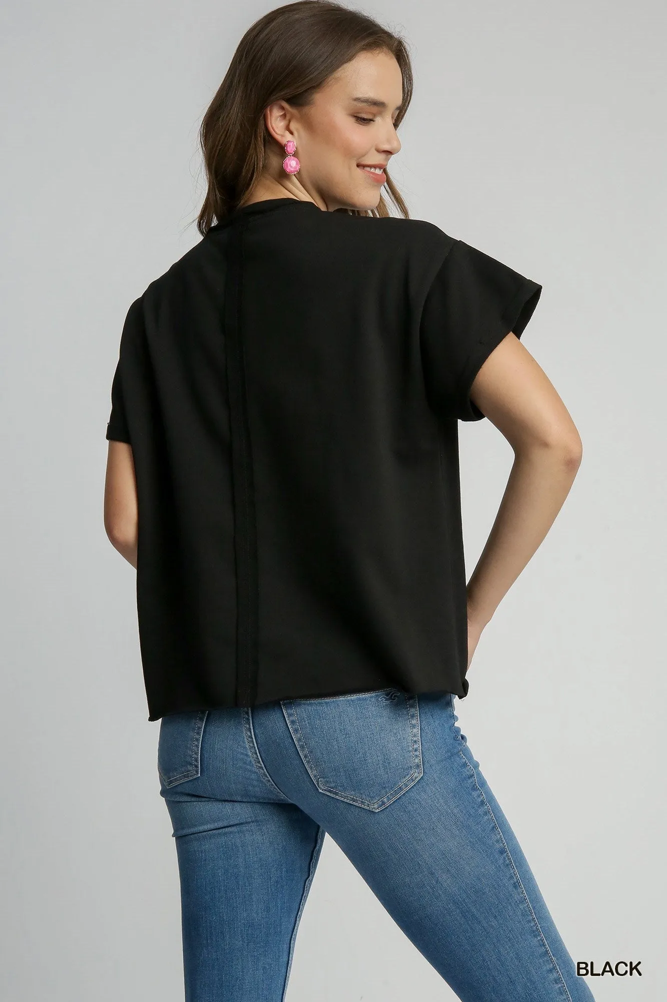 Umgee Black French Terry Sequin Touch Down Top