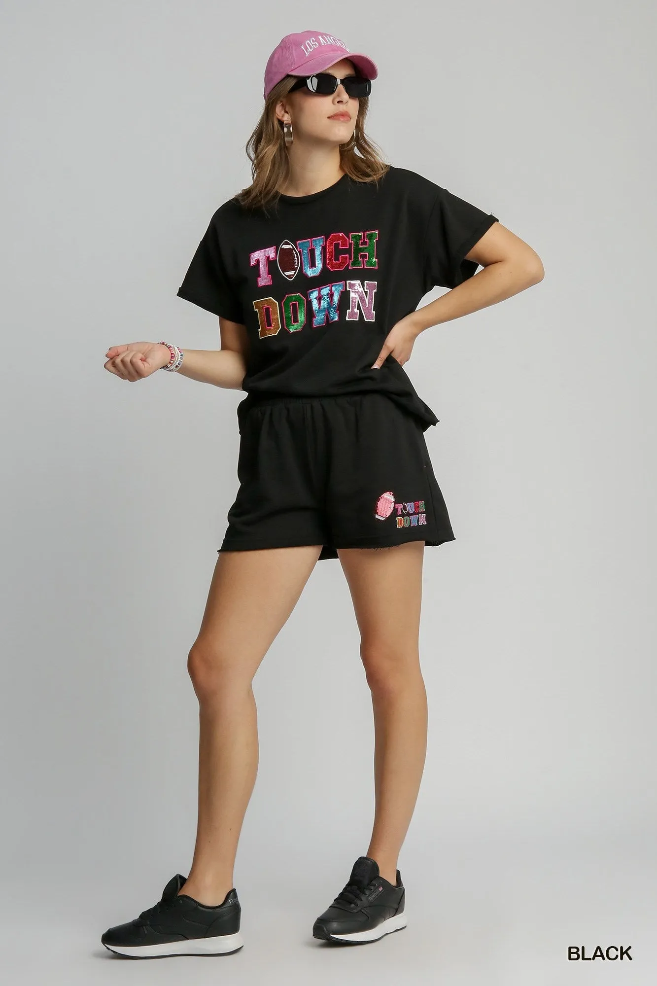 Umgee Black French Terry Sequin Touch Down Top