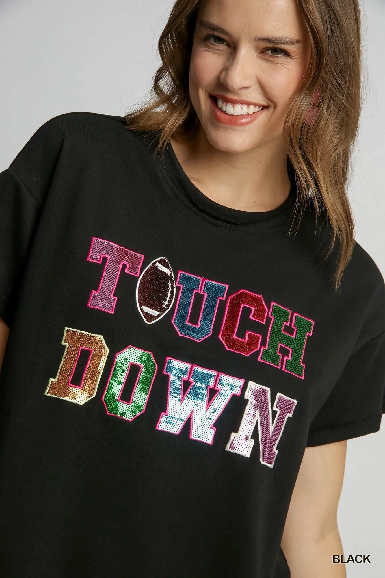 Umgee Black French Terry Sequin Touch Down Top