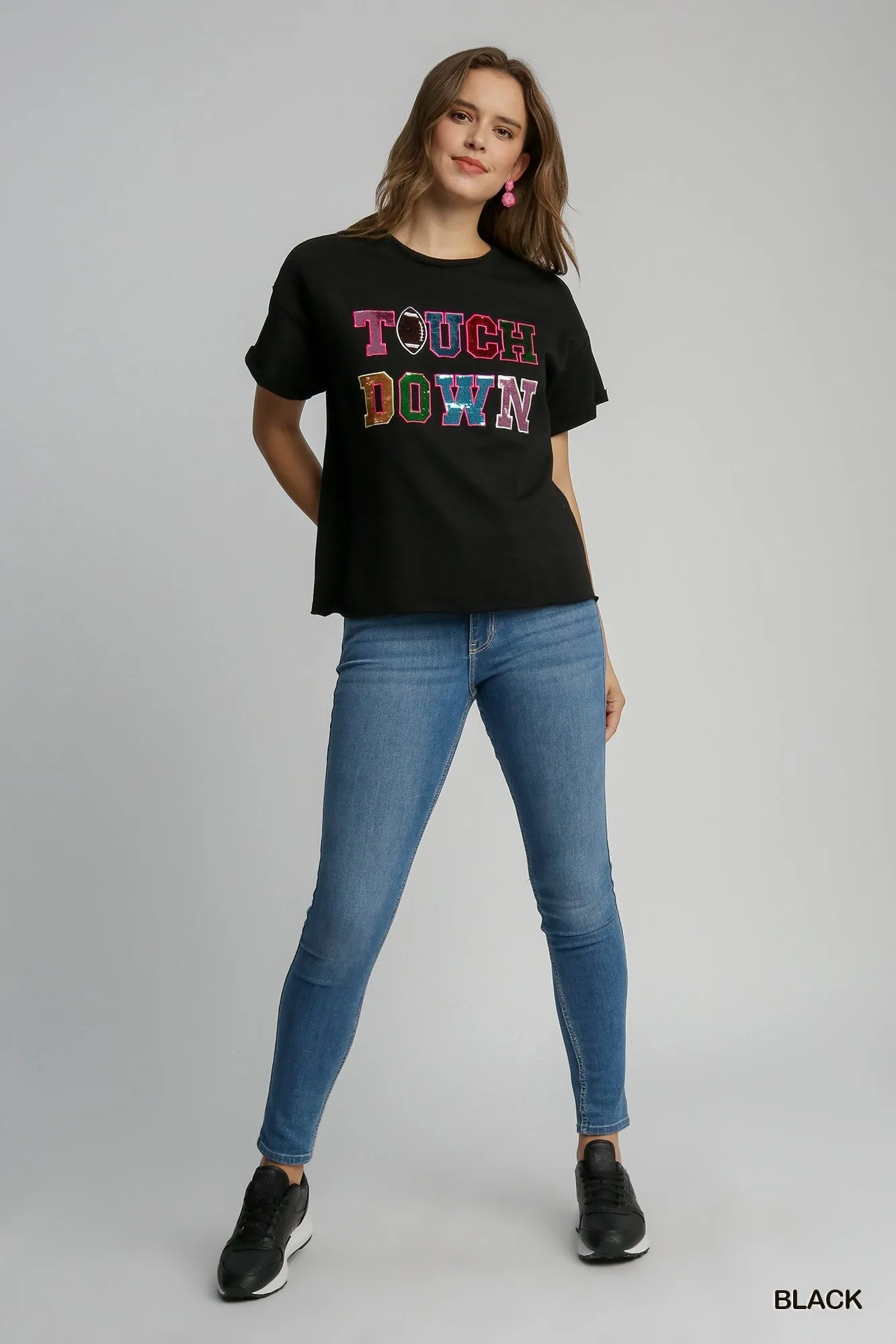 Umgee Black French Terry Sequin Touch Down Top