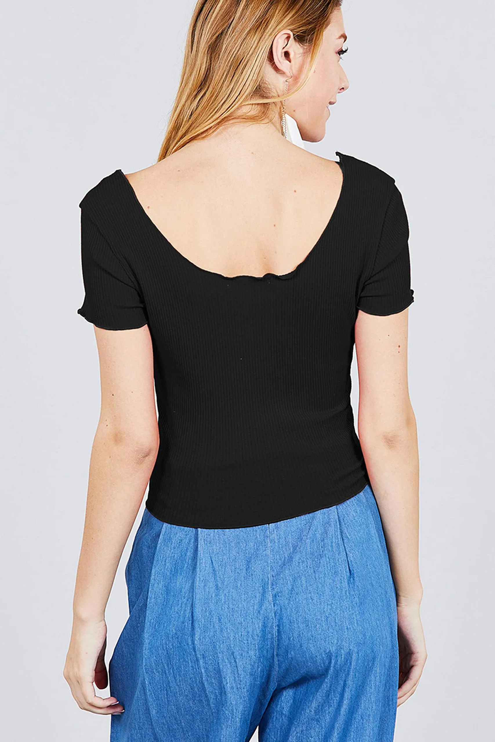 Women's Double Scoop Neck With Button Rib Lettuce Hem Crop Top