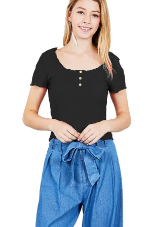 Women's Double Scoop Neck With Button Rib Lettuce Hem Crop Top