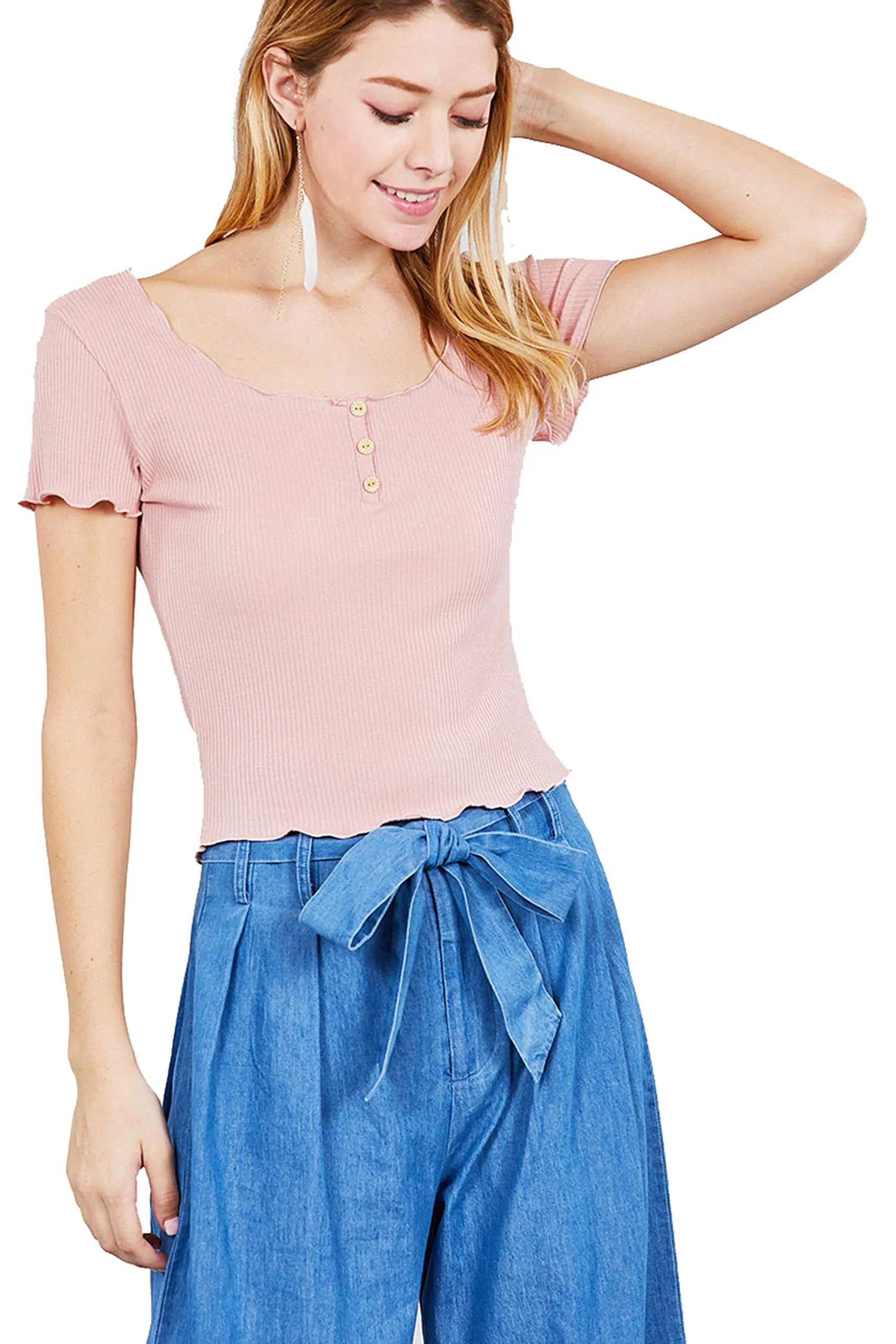 Women's Double Scoop Neck With Button Rib Lettuce Hem Crop Top
