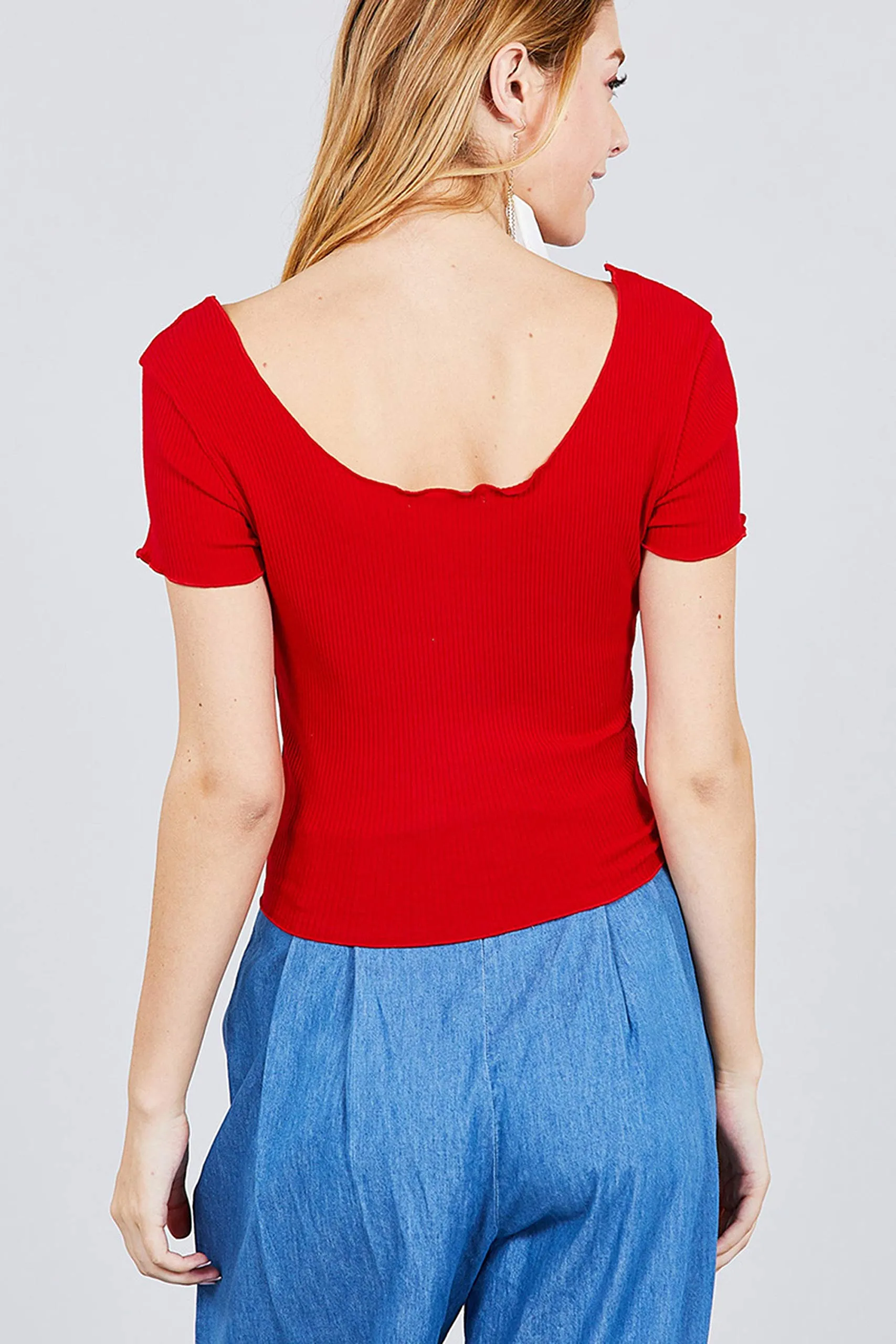 Women's Double Scoop Neck With Button Rib Lettuce Hem Crop Top