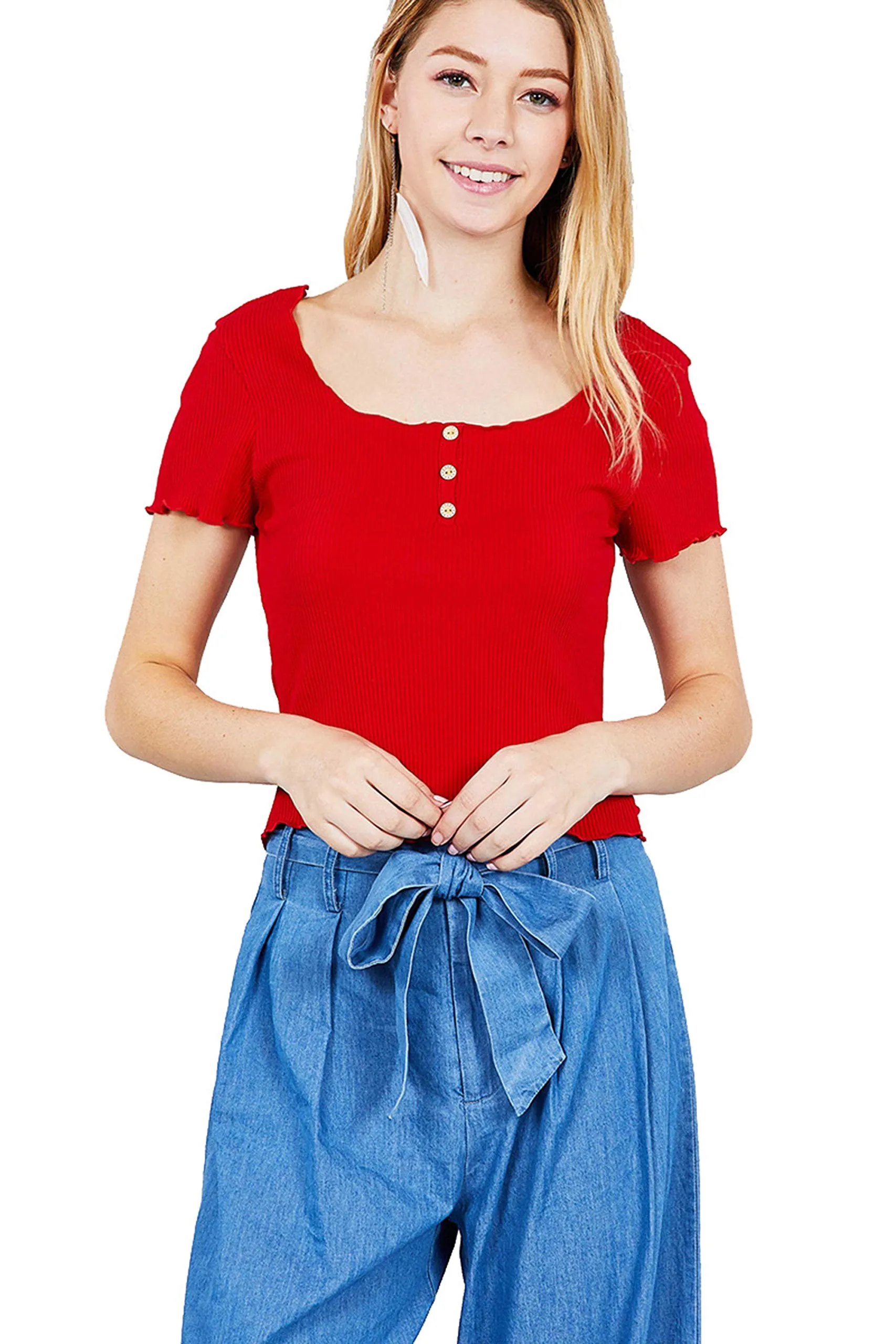 Women's Double Scoop Neck With Button Rib Lettuce Hem Crop Top