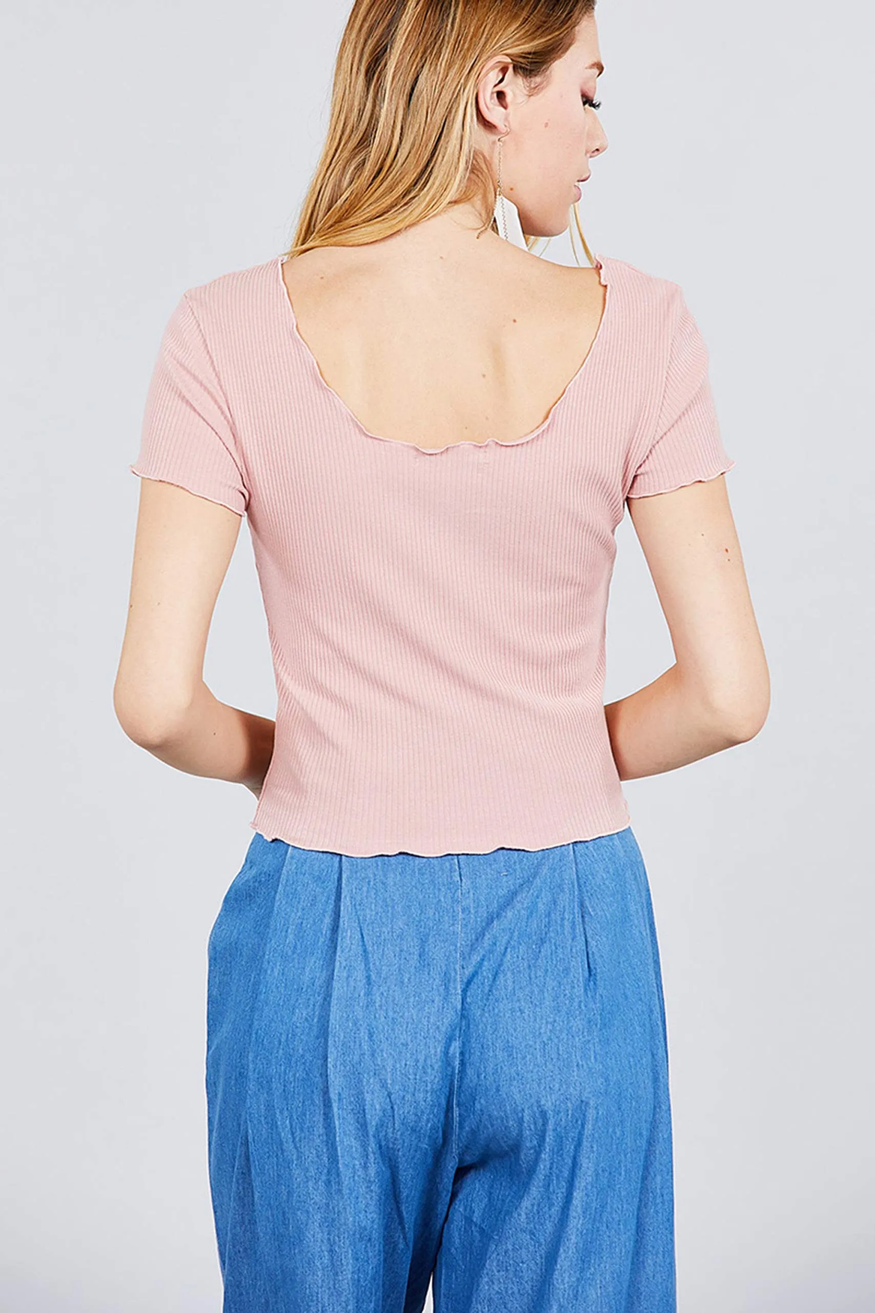 Women's Double Scoop Neck With Button Rib Lettuce Hem Crop Top
