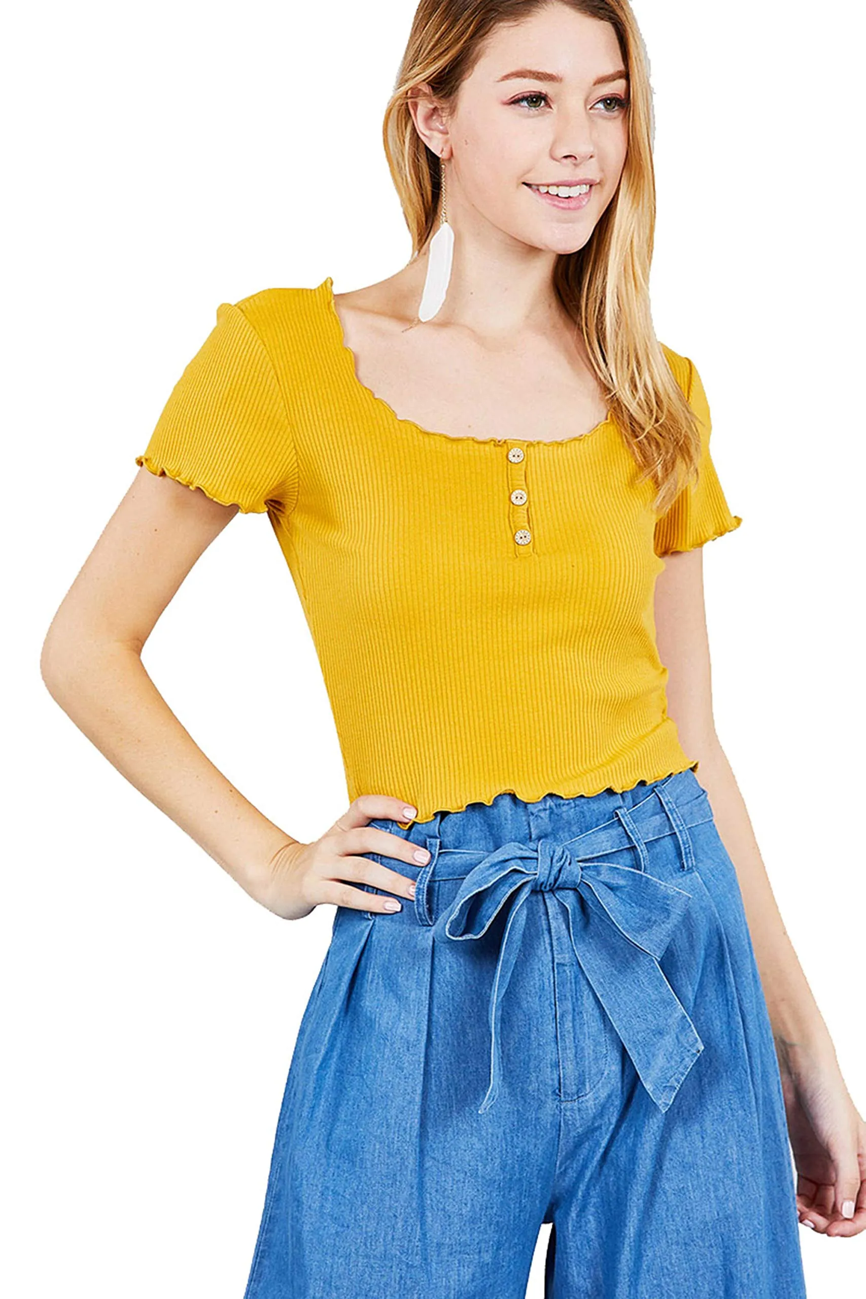 Women's Double Scoop Neck With Button Rib Lettuce Hem Crop Top