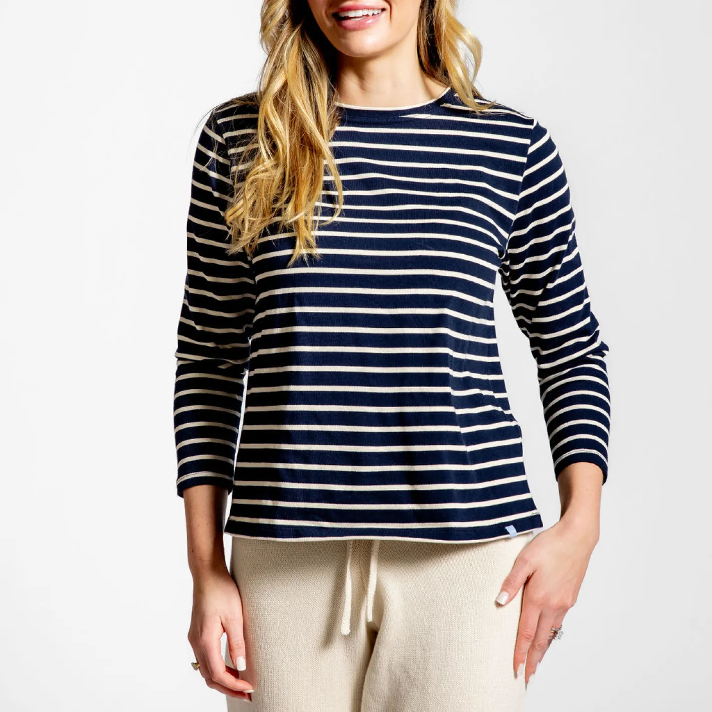 women's navy and cream stripe long sleeve knit tee