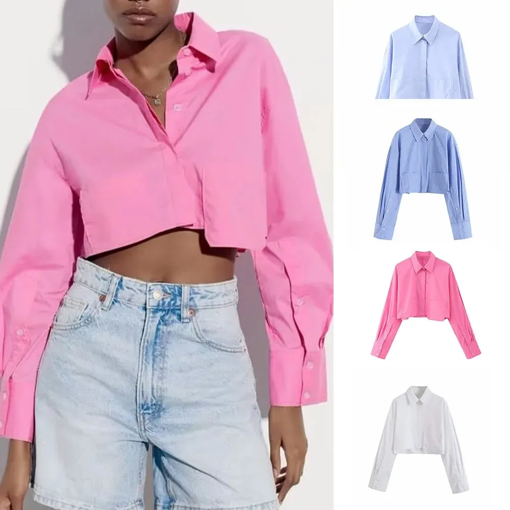 xakxx - Spring new women's temperament fashion casual all-match Ruili sweet multi-color long-sleeved lapel poplin short shirt